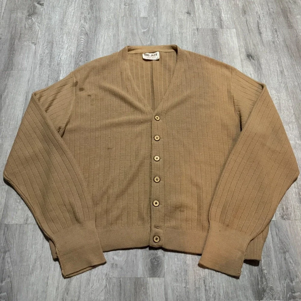 Vintage Big Jeff Lord Jeff Tan Ribbed Cardigan Sweater Mens 2XL Made USA Orlon